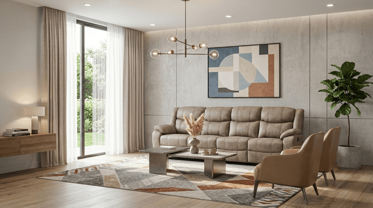 Modern living room with tan sofa and geometric area rug