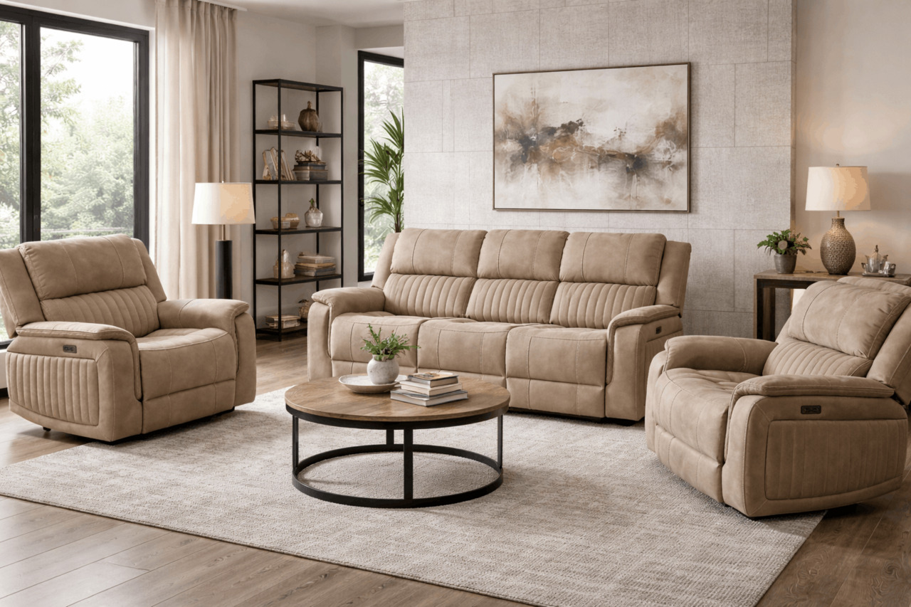 Modern neutral living room with tan reclining sofa set
