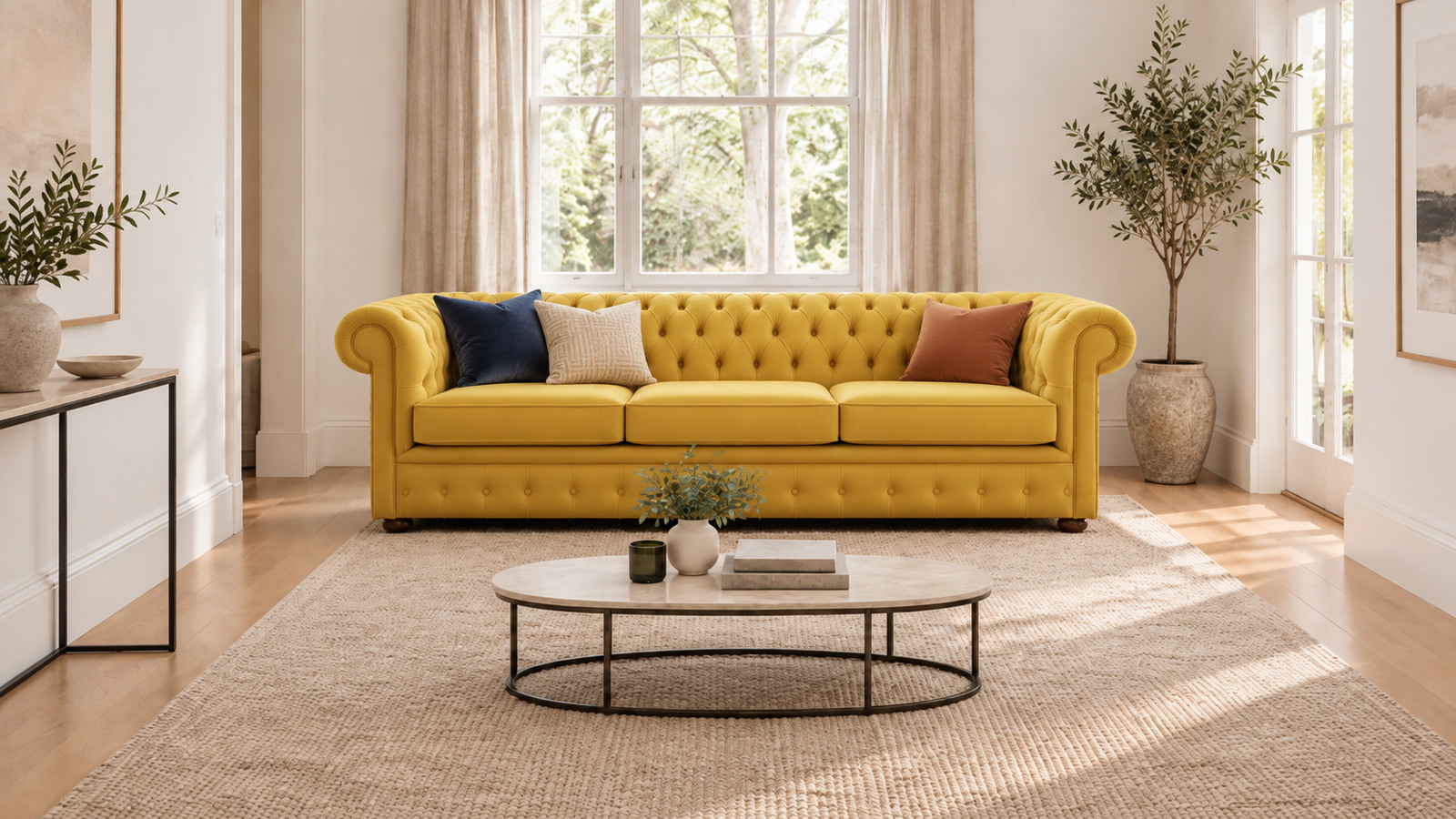 mustard yellow chesterfield sofa with light neutral finishes