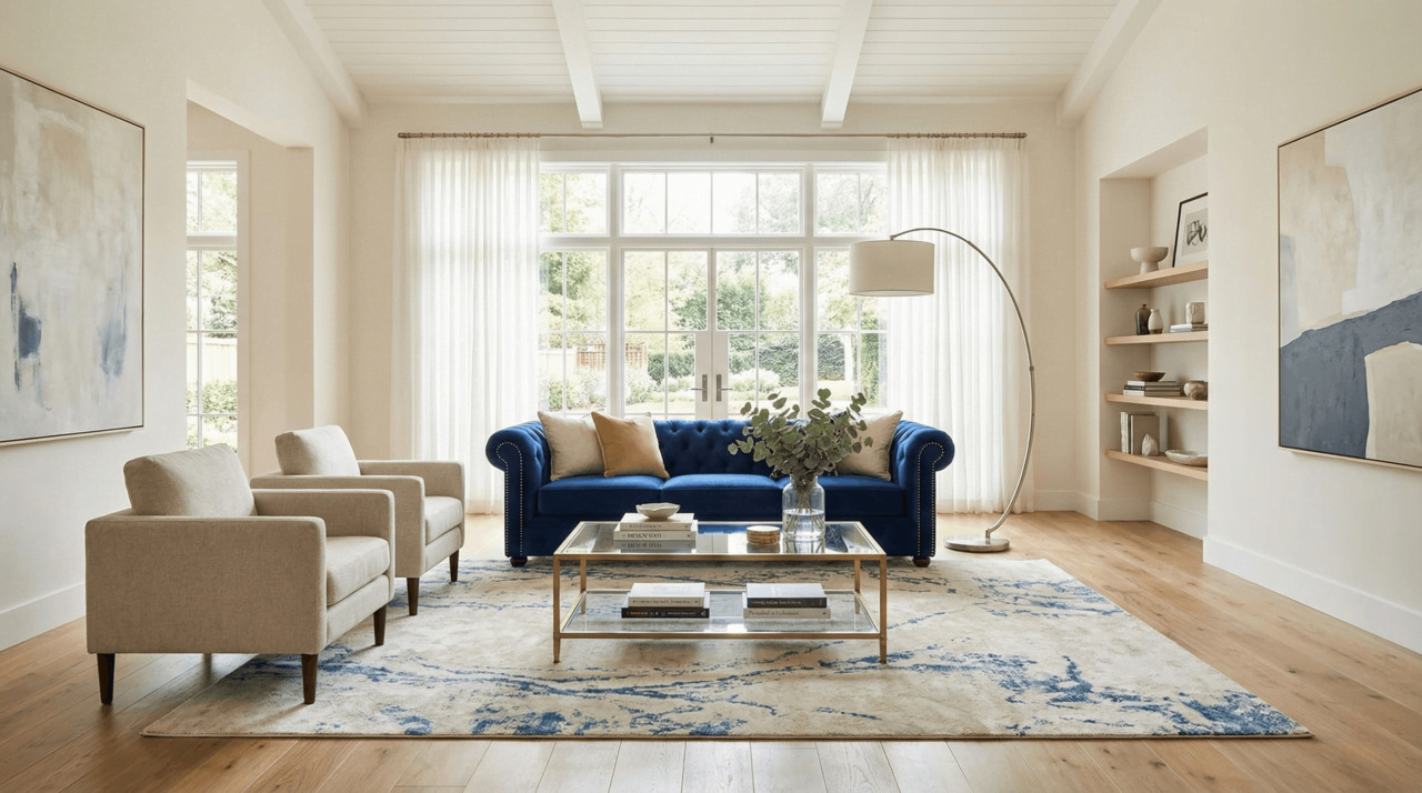 Navy Blue Chesterfield Sofa in Bright Neutral Living Room