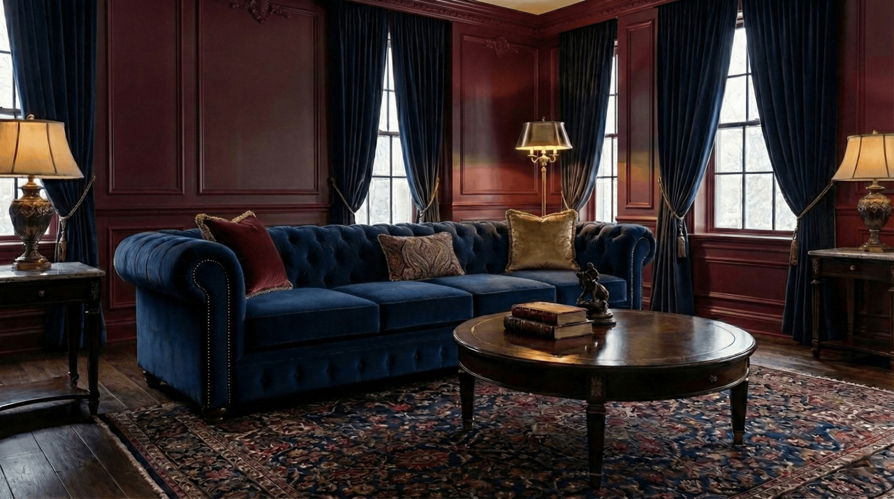 Navy Blue Chesterfield Sofa in Classic Room with Dark Red Walls