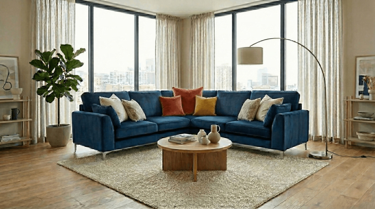 Navy Blue Corner Sofa with Colourful Cushions in Bright Room