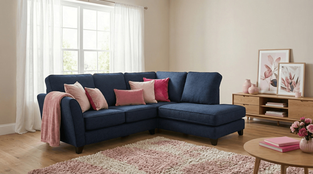 Navy Blue Corner Sofa with Pink Cushions in Soft Beige Room
