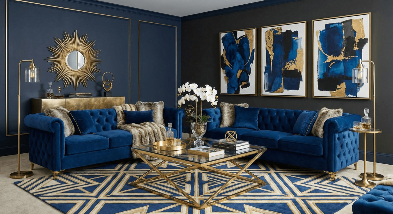 Navy blue velvet sofas in a modern glam living room