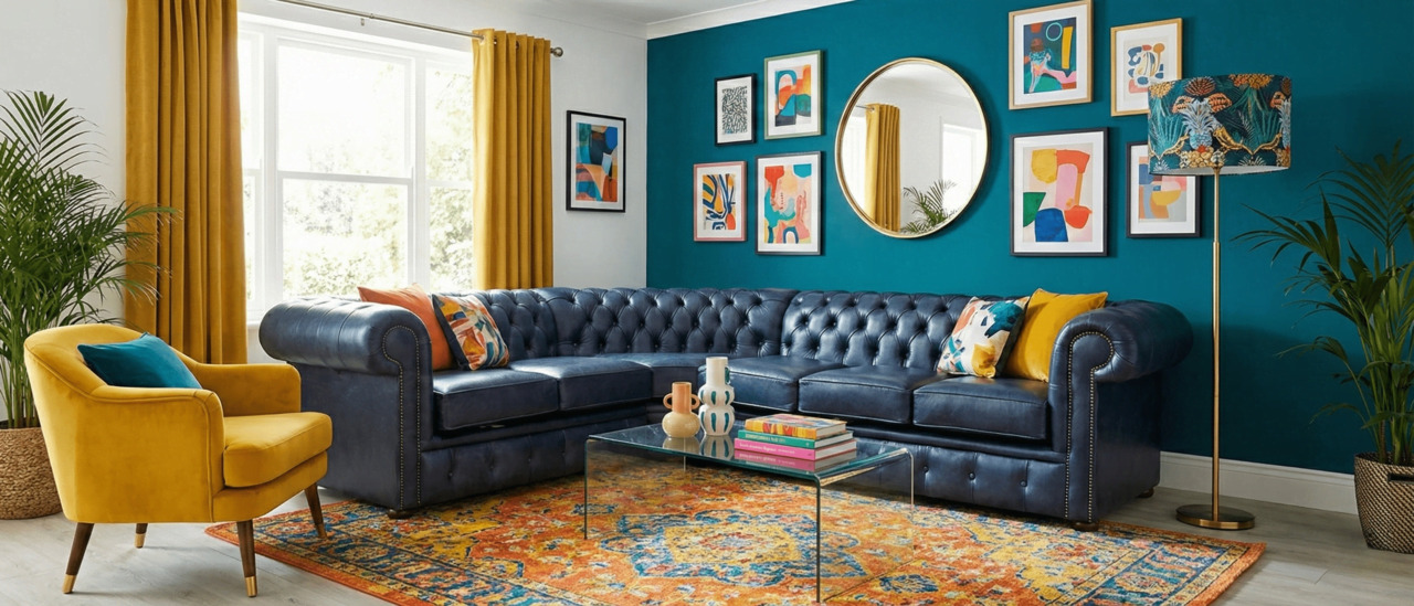 Navy Chesterfield corner sofa in a vibrant eclectic living room
