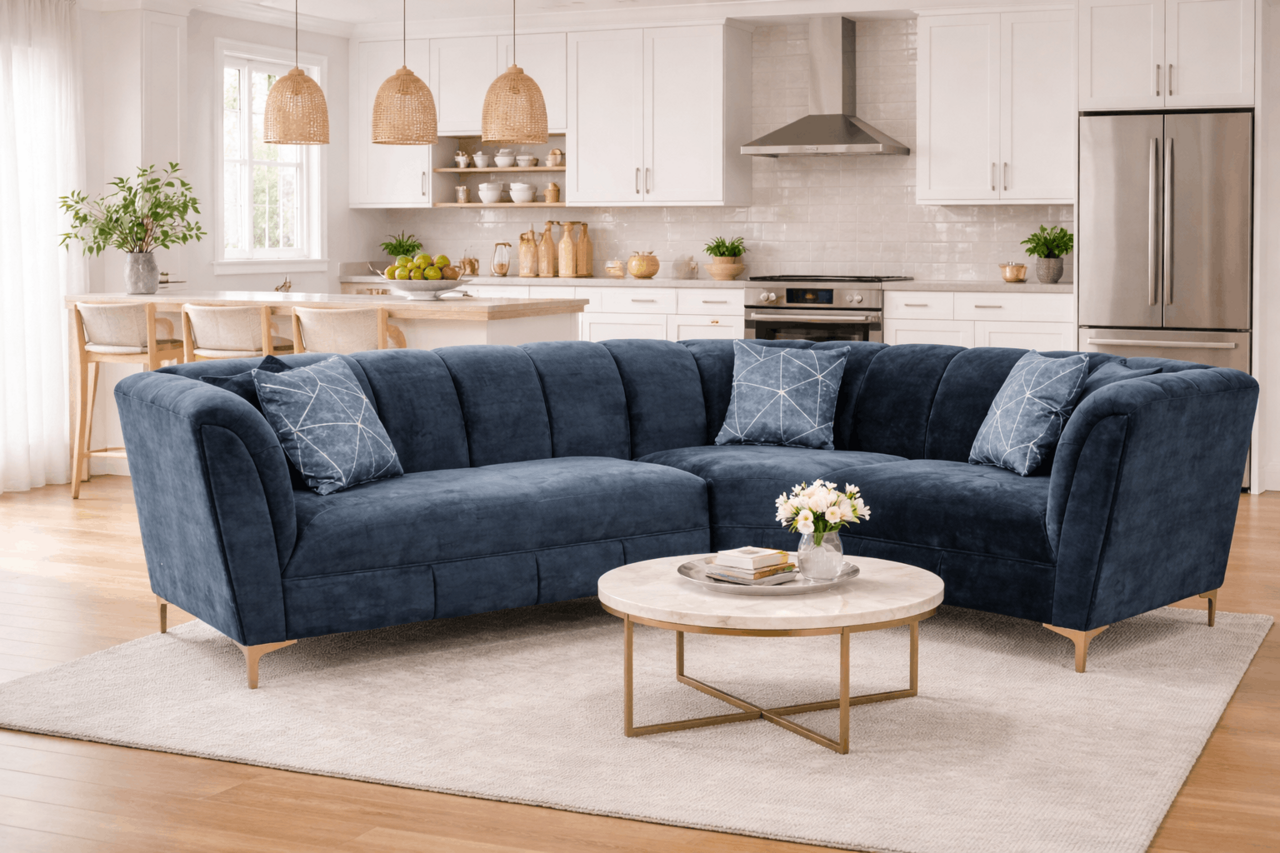 Navy corner sofa in an open-plan kitchen