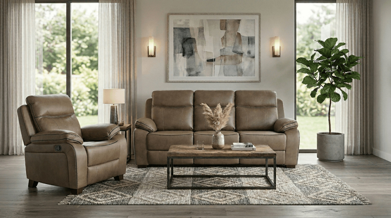 Neutral living room with tan reclining sofa and matching armchair