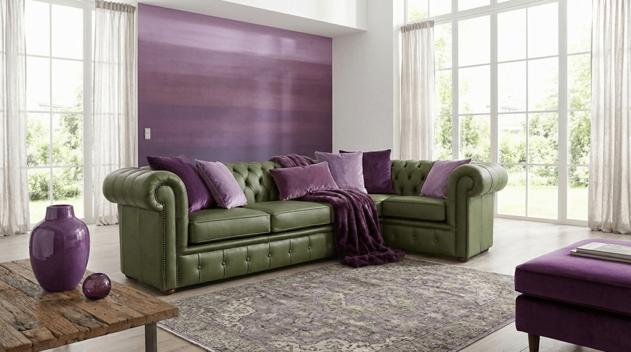 Olive green corner sofa with purple and lilac accents
