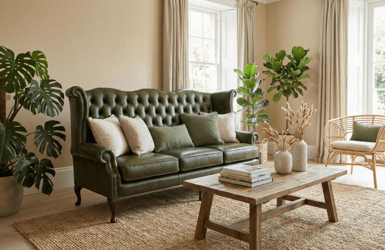 Olive green sofa with beige and cream accents