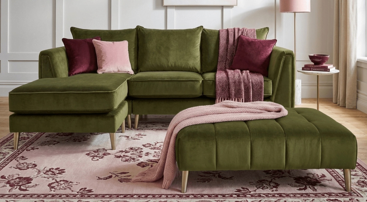 Olive green sofa with burgundy and pink accents