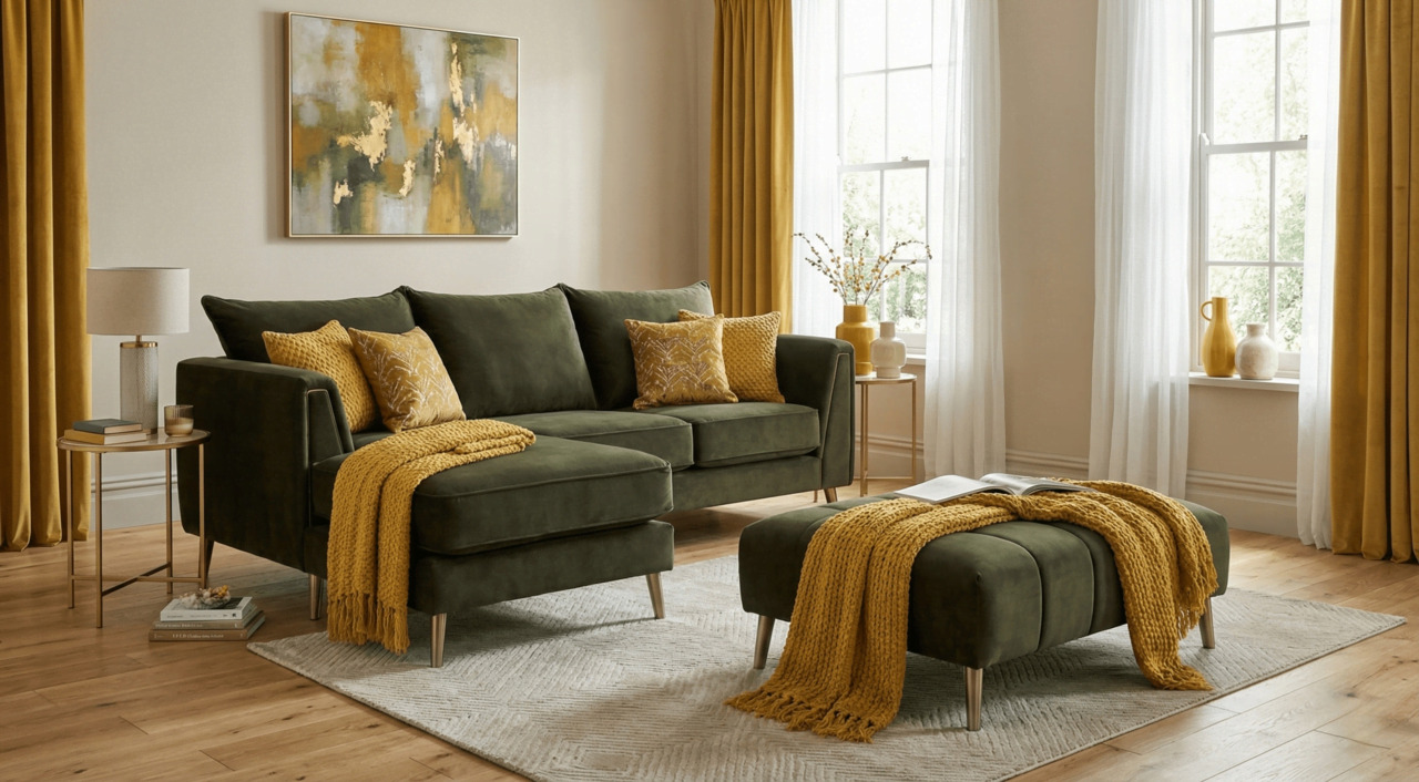 Olive green sofa with mustard yellow accents