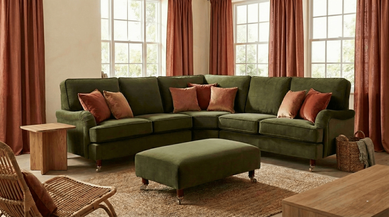 Olive green sofa with terracotta and warm brown accents