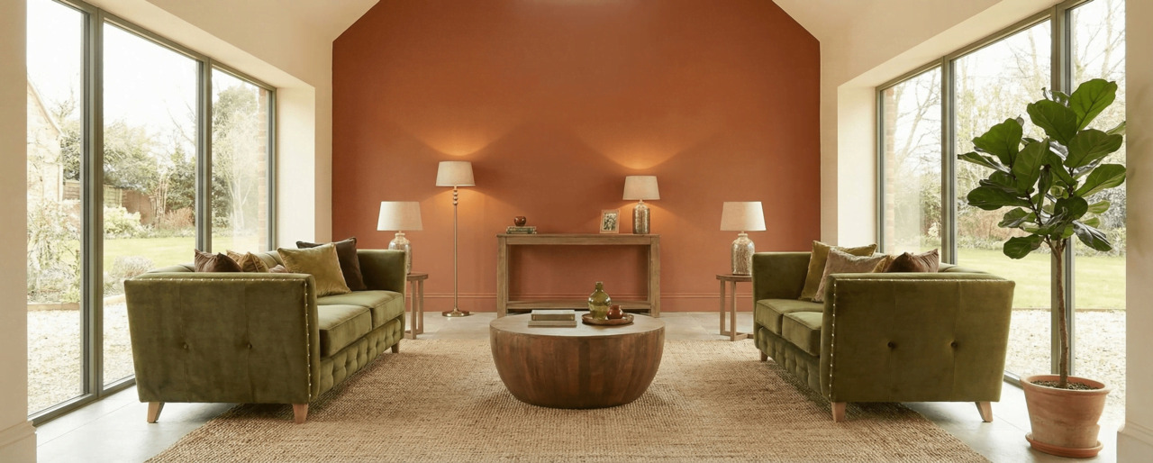 Olive green sofa with terracotta wall and warm beige accents