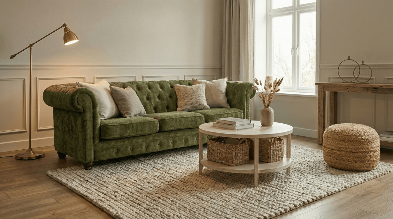 Olive green velvet sofa with beige and cream accents