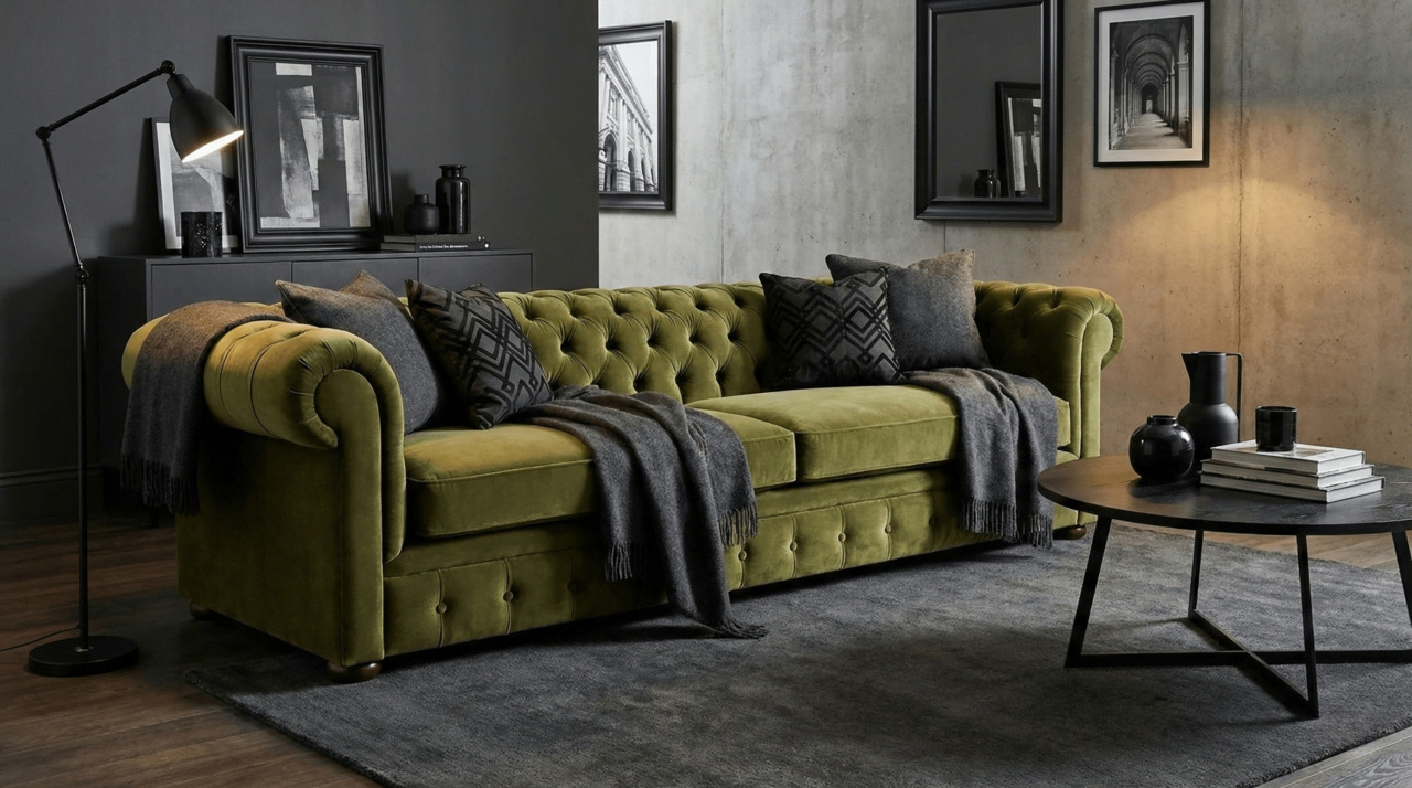 Olive green velvet sofa with dark grey and black accents