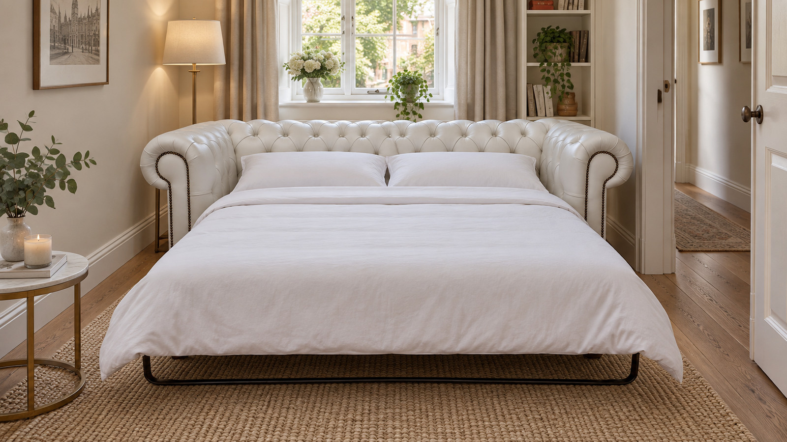 open cream sofa bed with bedding in a long living room