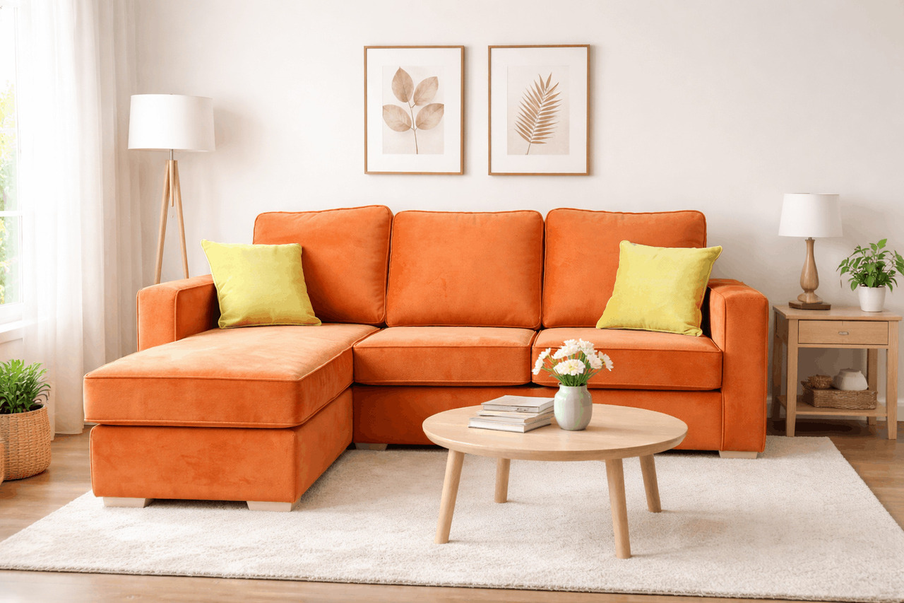 Orange chaise sofa in a bright living room