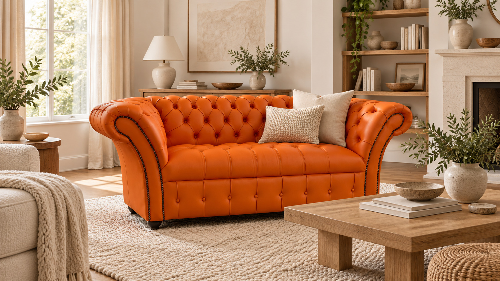 Orange Chesterfield sofa with neutral cushions