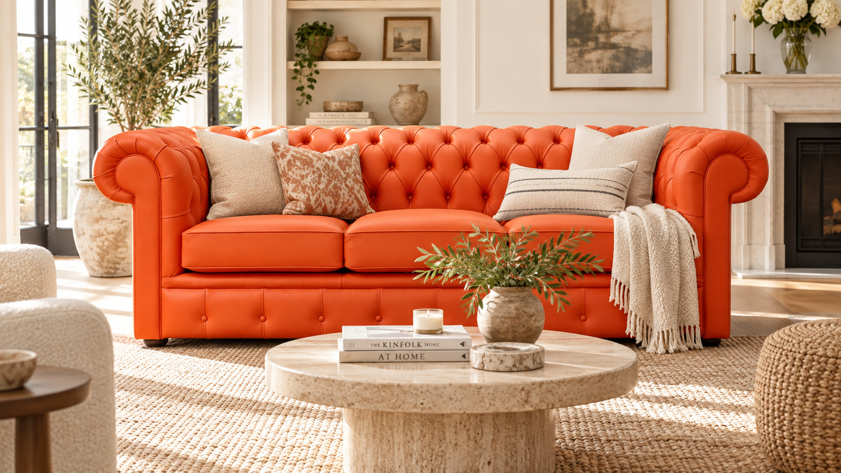 Orange Chesterfield sofa in a warm white and natural wood living room