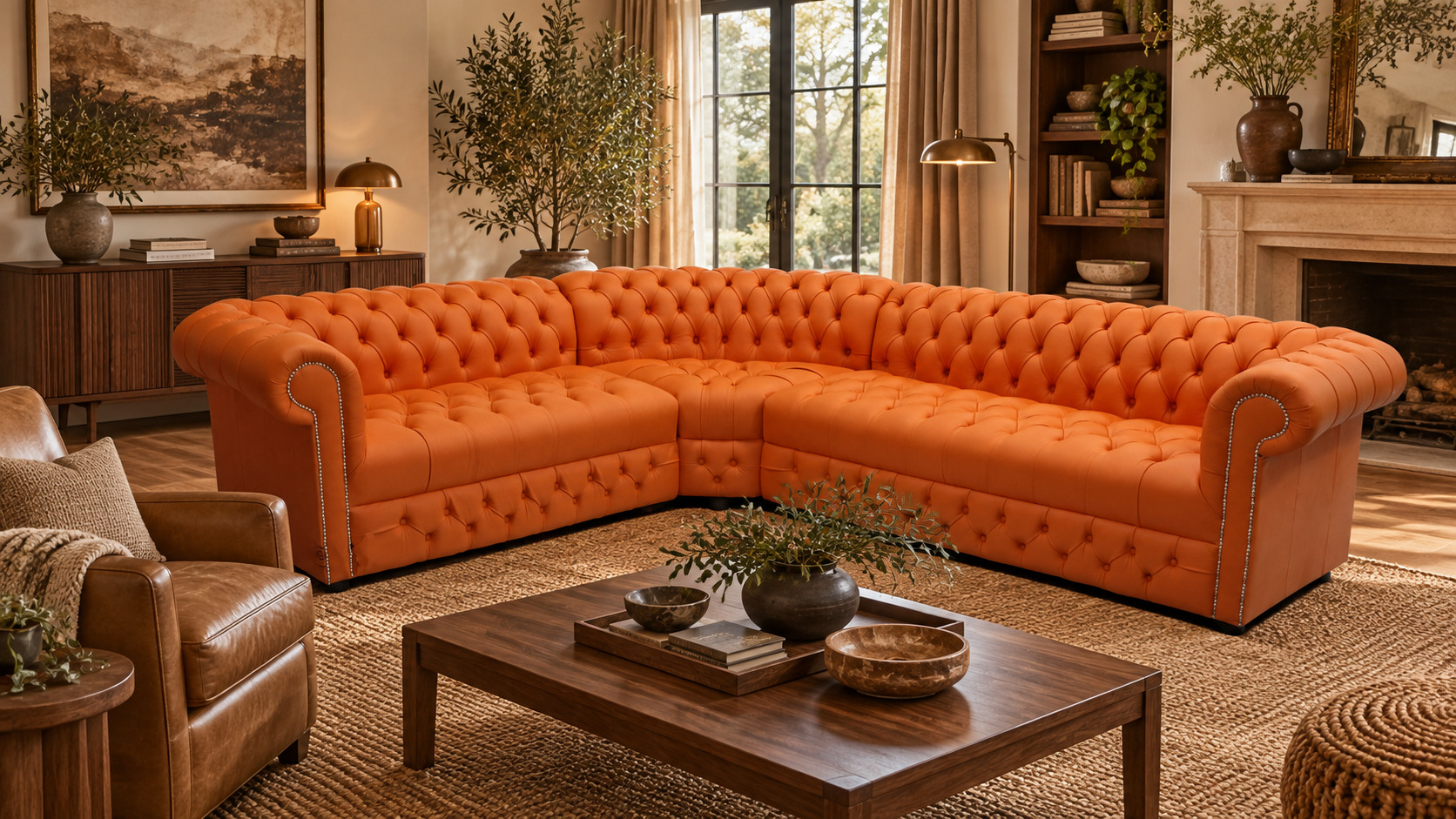 Orange corner Chesterfield sofa with brown and caramel decor