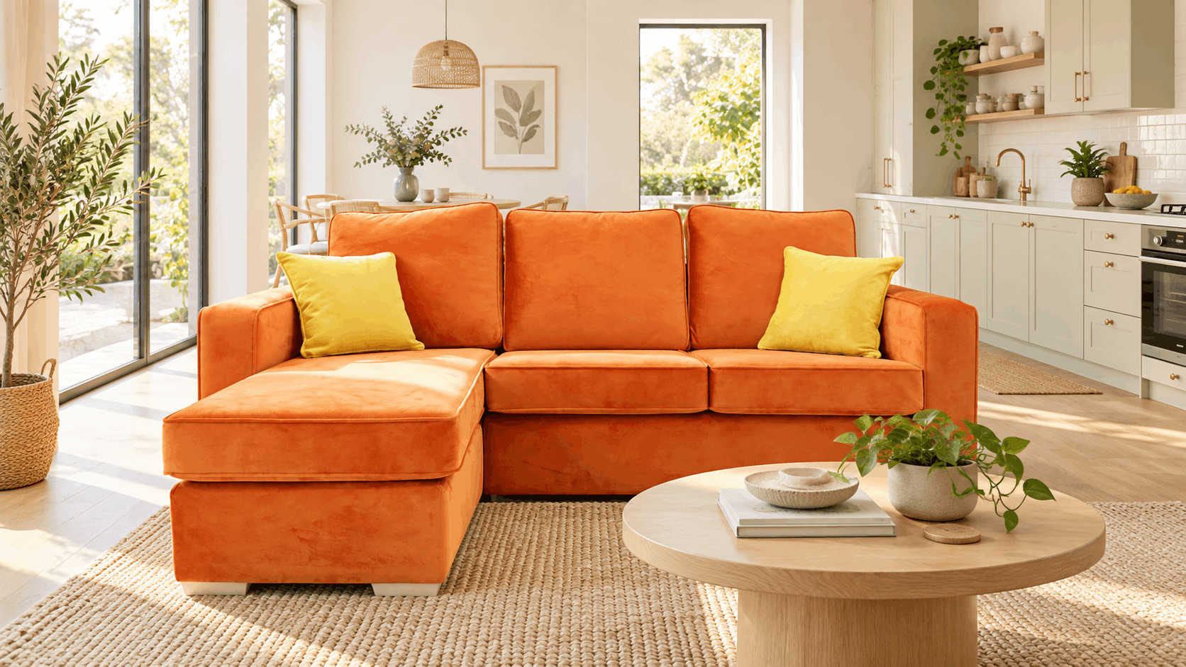 Orange corner sofa with yellow cushions in a kitchen-living room