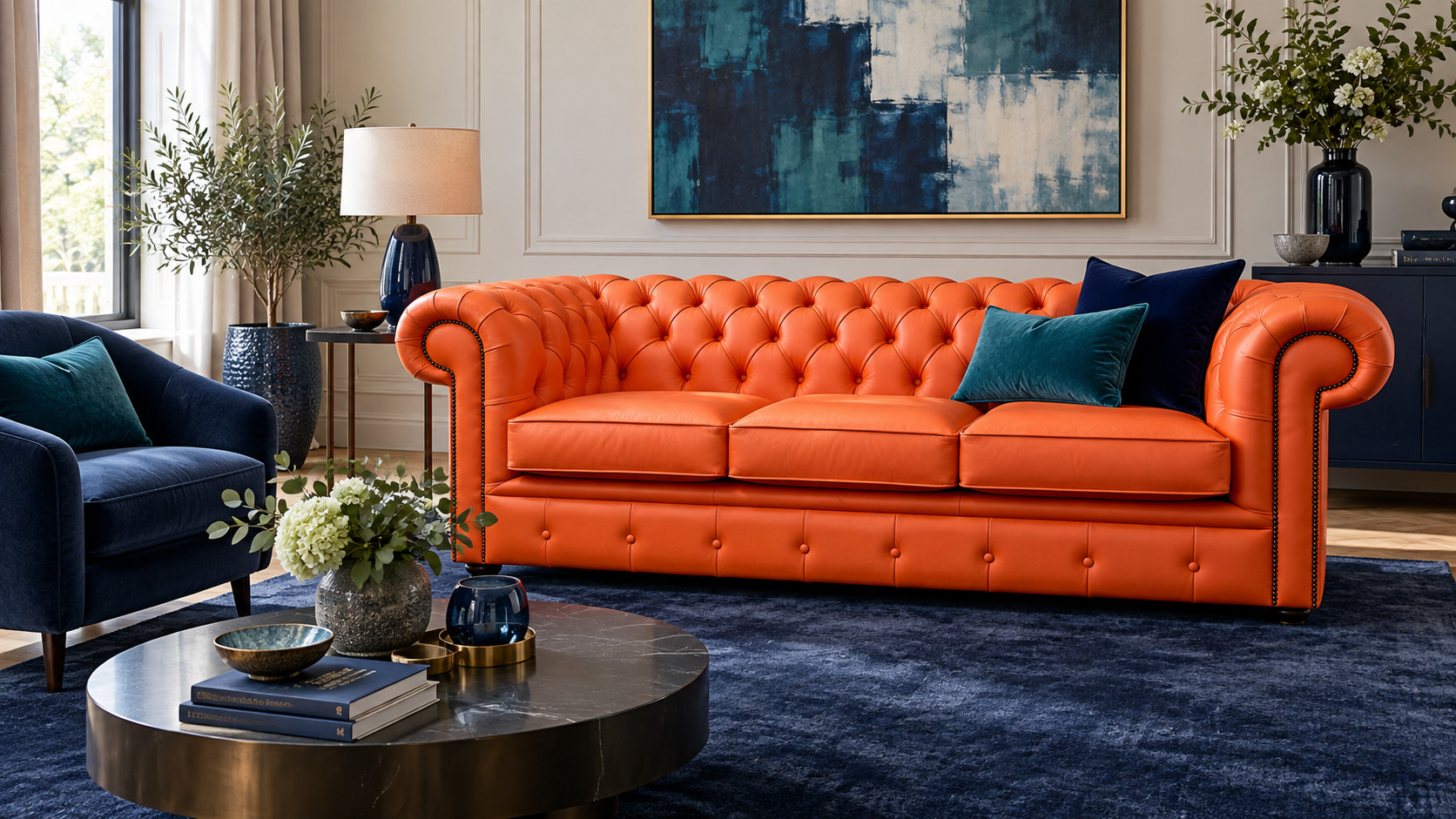 Orange leather Chesterfield sofa with navy and teal decor 