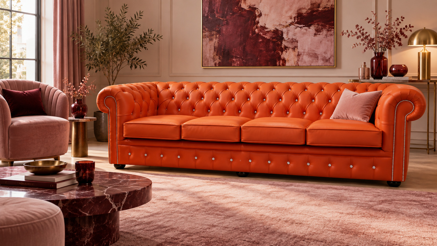 Orange leather sofa with blush pink and burgundy decor