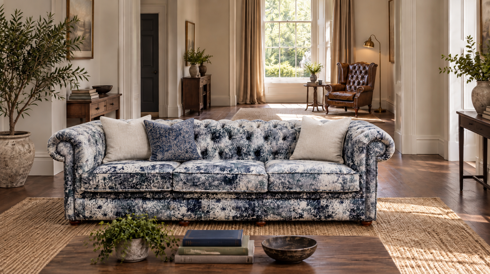 patterned chesterfield sofa with a separate reading corner