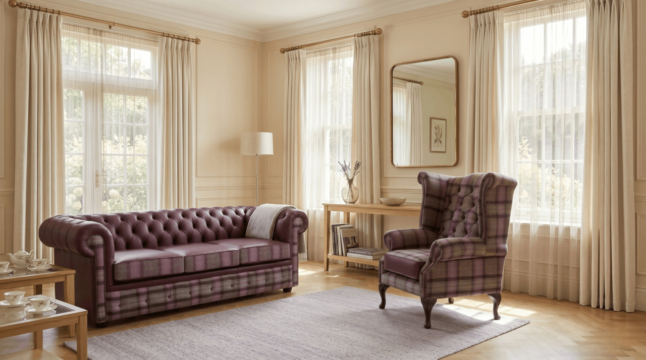 Patterned sofa and armchair in light modern interior design