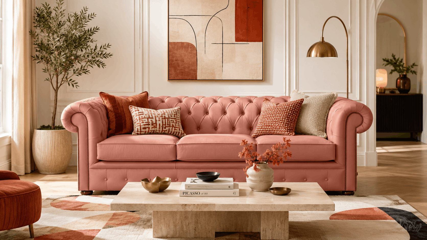 Peach pink Chesterfield sofa with terracotta cushions