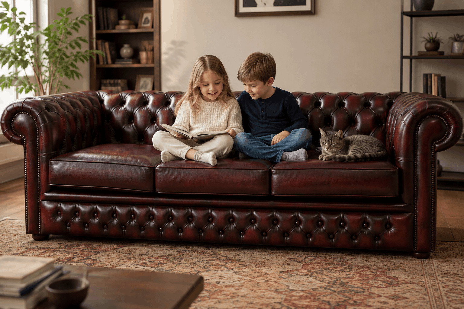 Pet-friendly family sofa with children and a cat