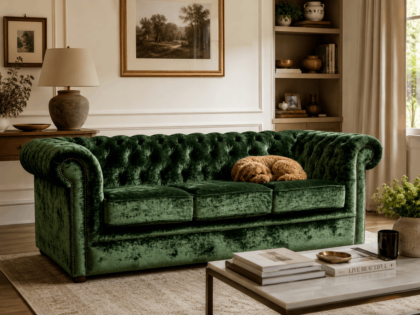 Pet-friendly green velvet Chesterfield sofa with a small dog resting on it