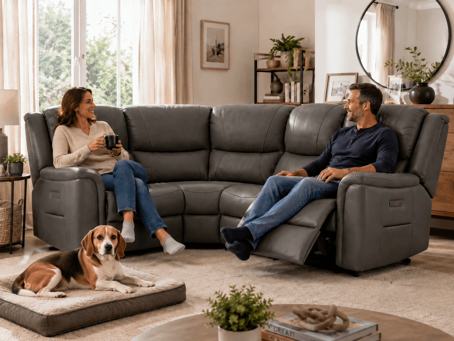 Pet-friendly recliner sofa with owners and a dog nearby