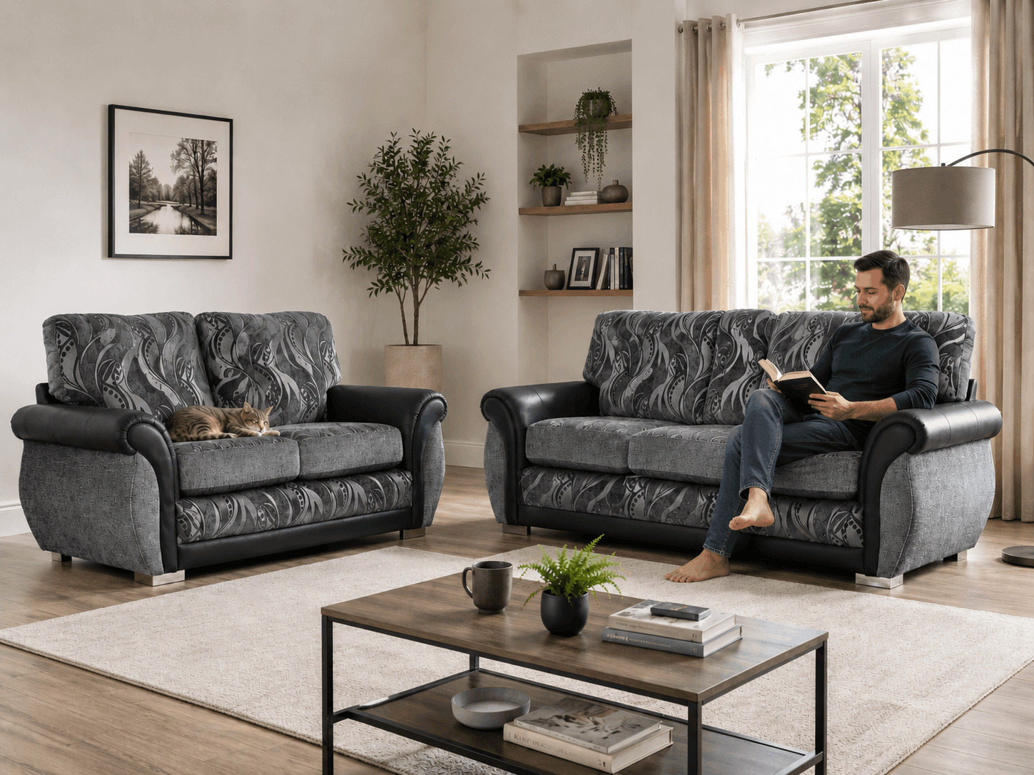 Pet-friendly sofa set with a cat and relaxed living room seating
