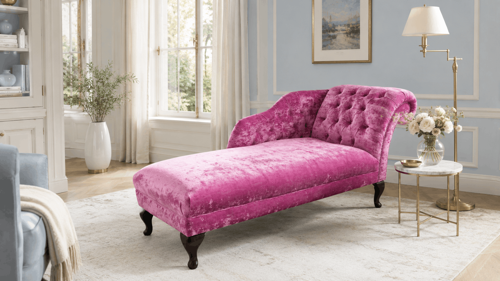 Pink Chesterfield chaise longue in a light blue room
