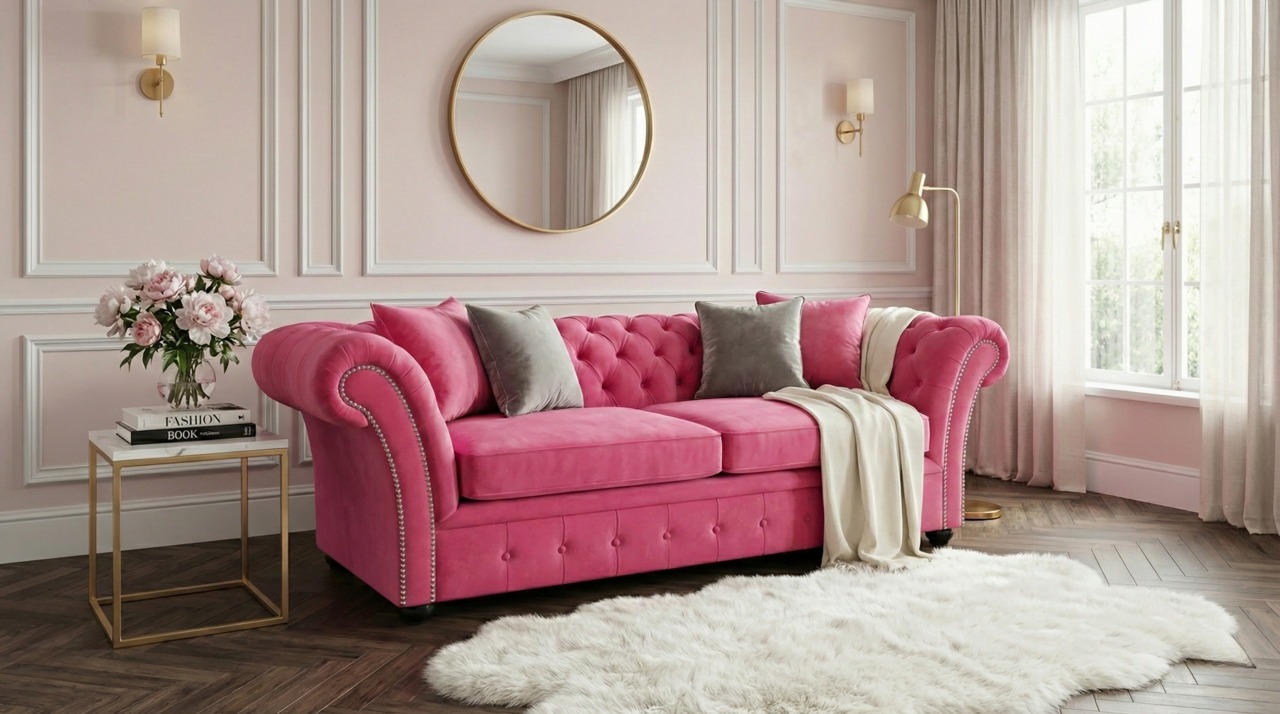 Pink Chesterfield sofa in blush living room