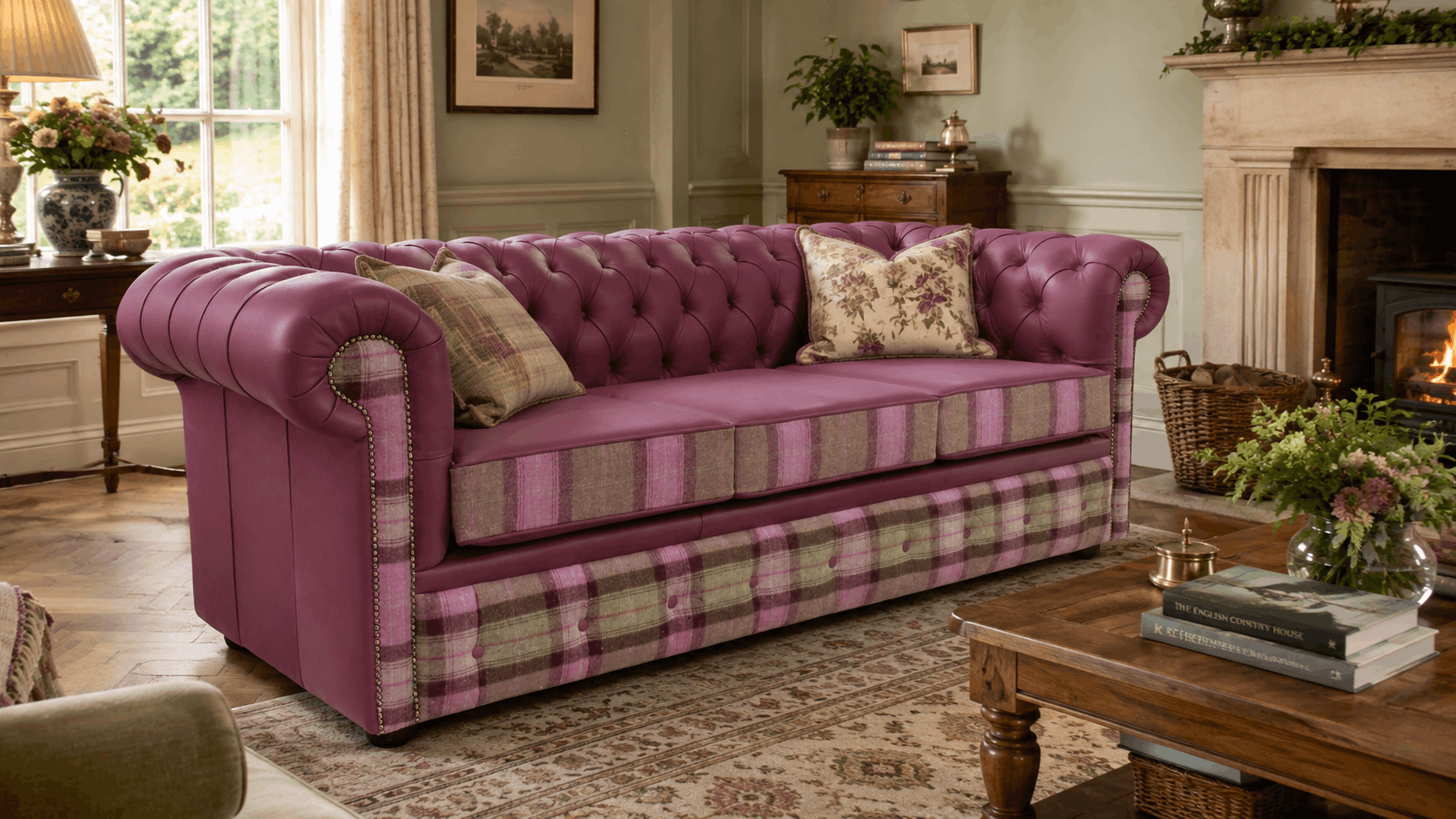 Pink plaid Chesterfield sofa in a country-style room