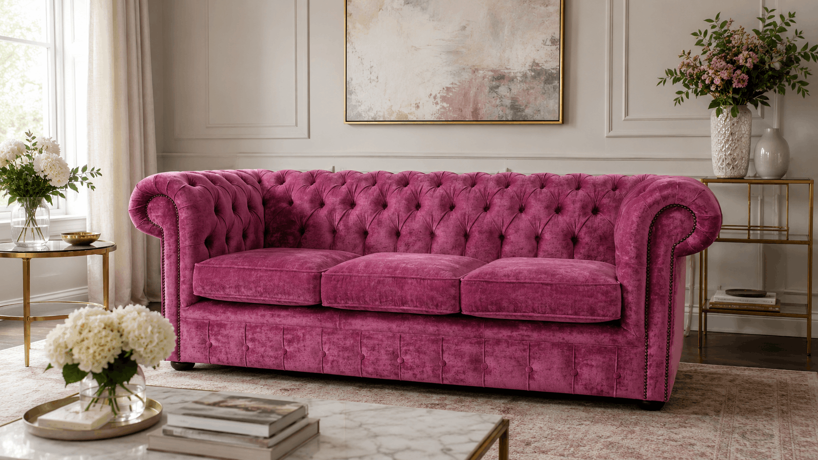 Pink velvet three-seater Chesterfield sofa with brass accents