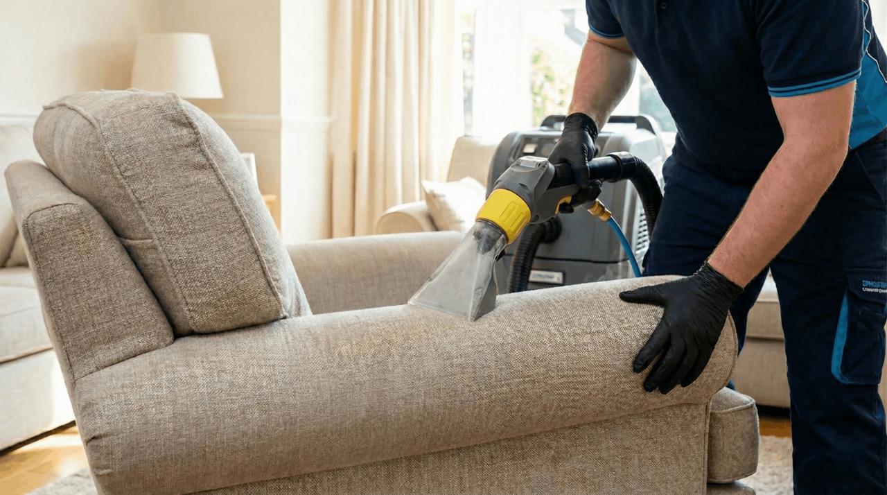 Professional cleaning of a fabric sofa arm