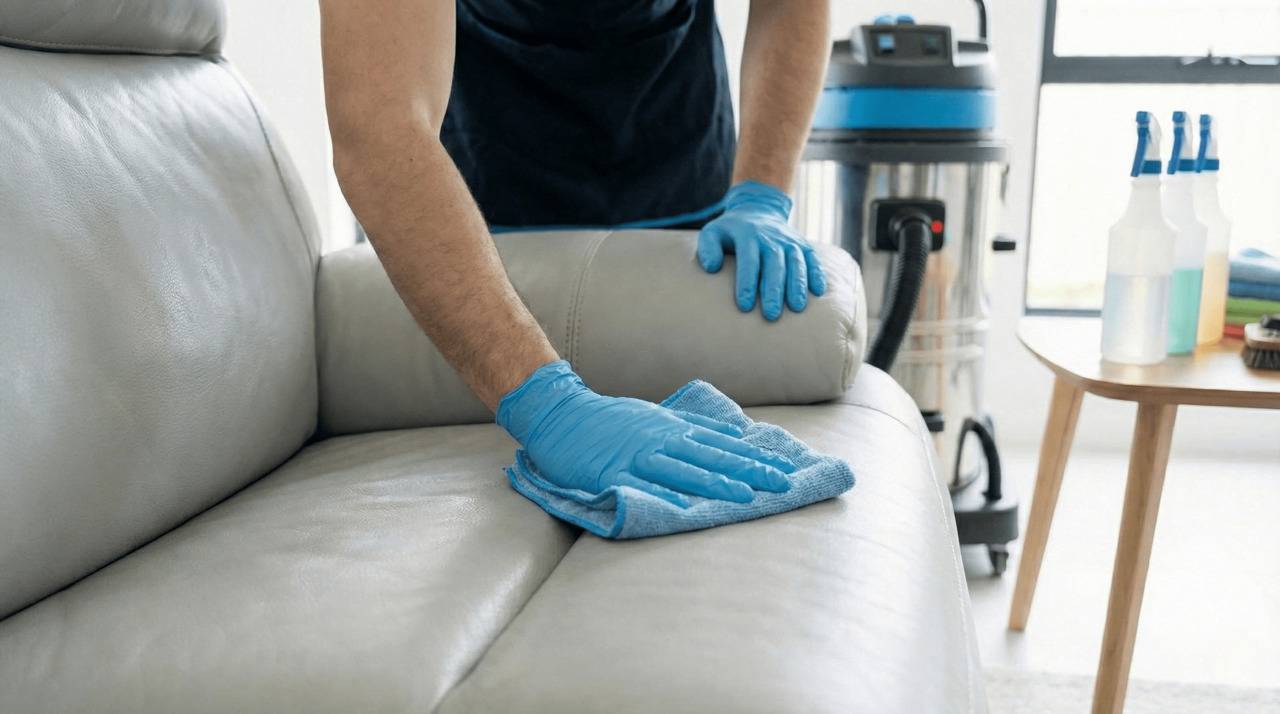 Professional cleaning of a leather sofa using specialist products