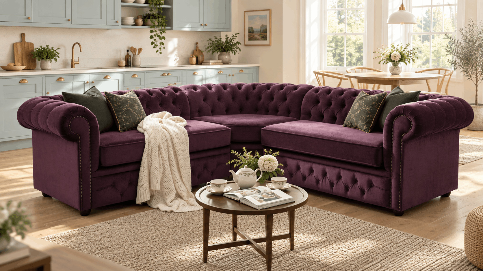 Purple Chesterfield corner sofa in a light kitchen-living room