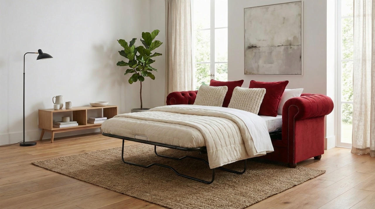 Red Chesterfield sofa bed extended in minimal room