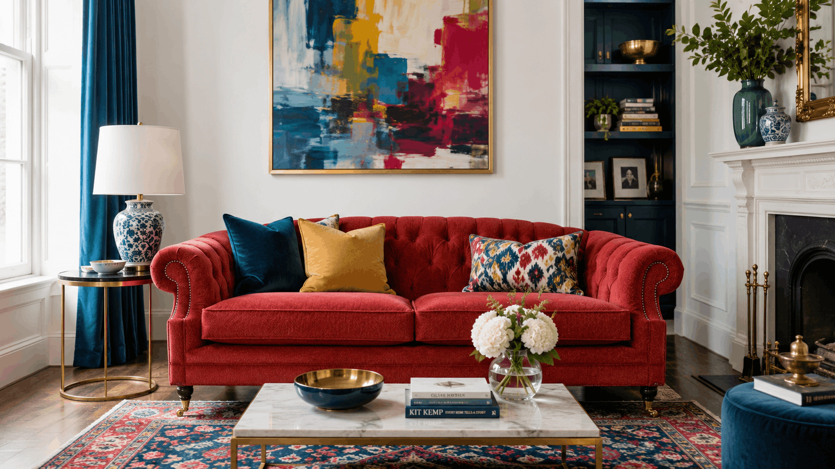 Red fabric sofa with bright accent cushions