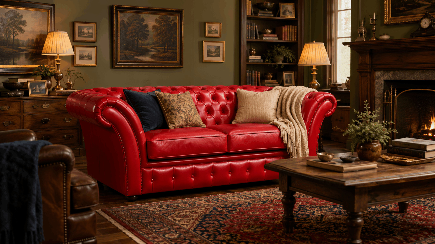 Red leather Chesterfield sofa in a classic country living room