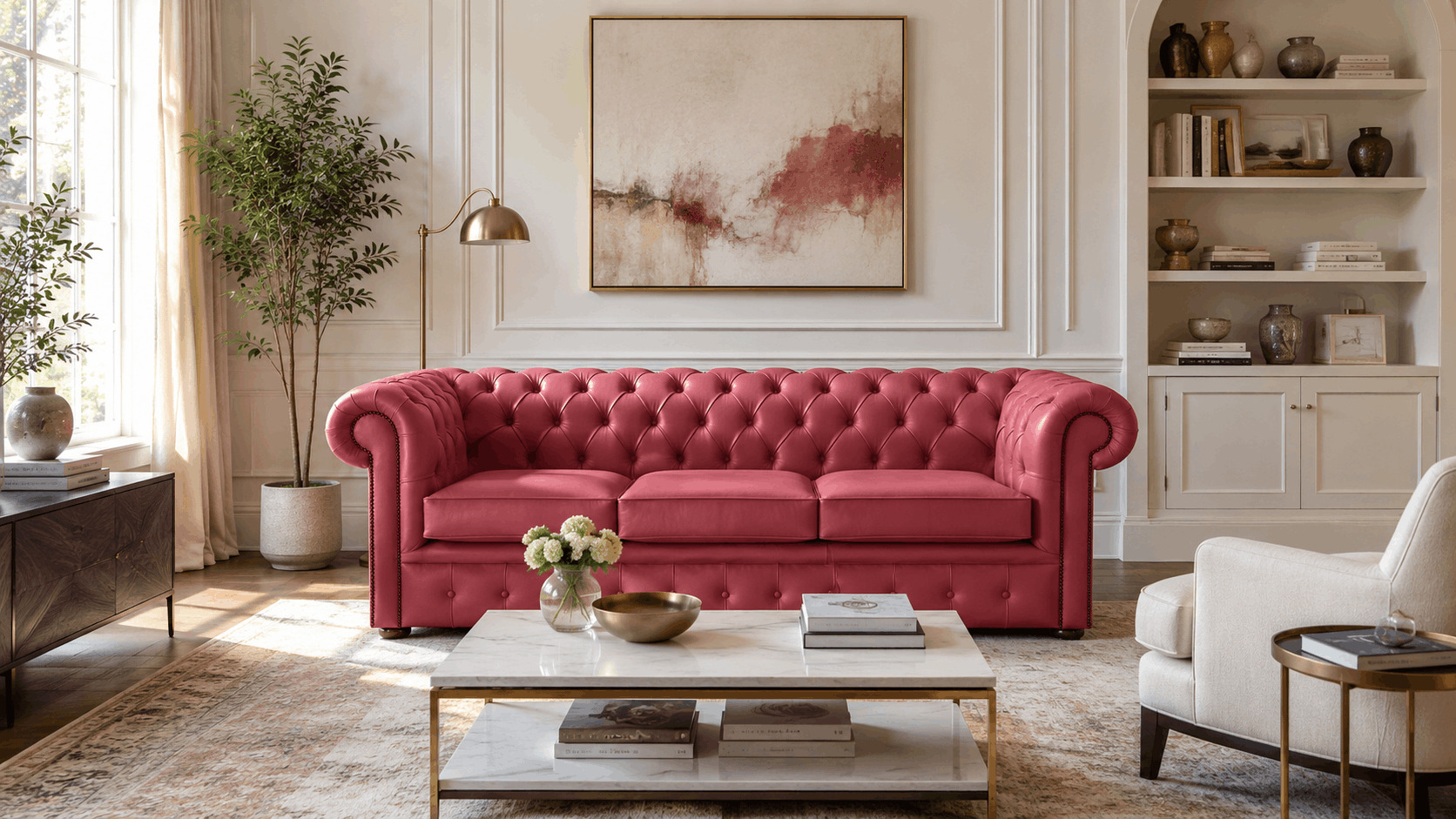 Red leather Chesterfield sofa in an elegant bright living room