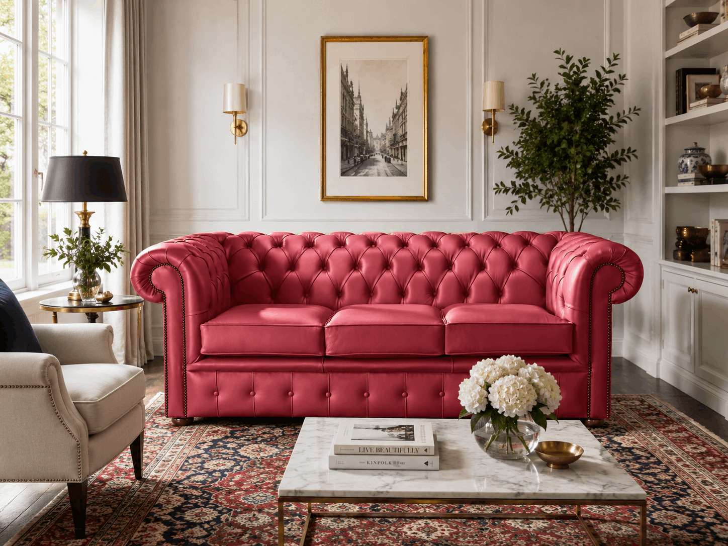 Red leather Chesterfield sofa with a patterned rug