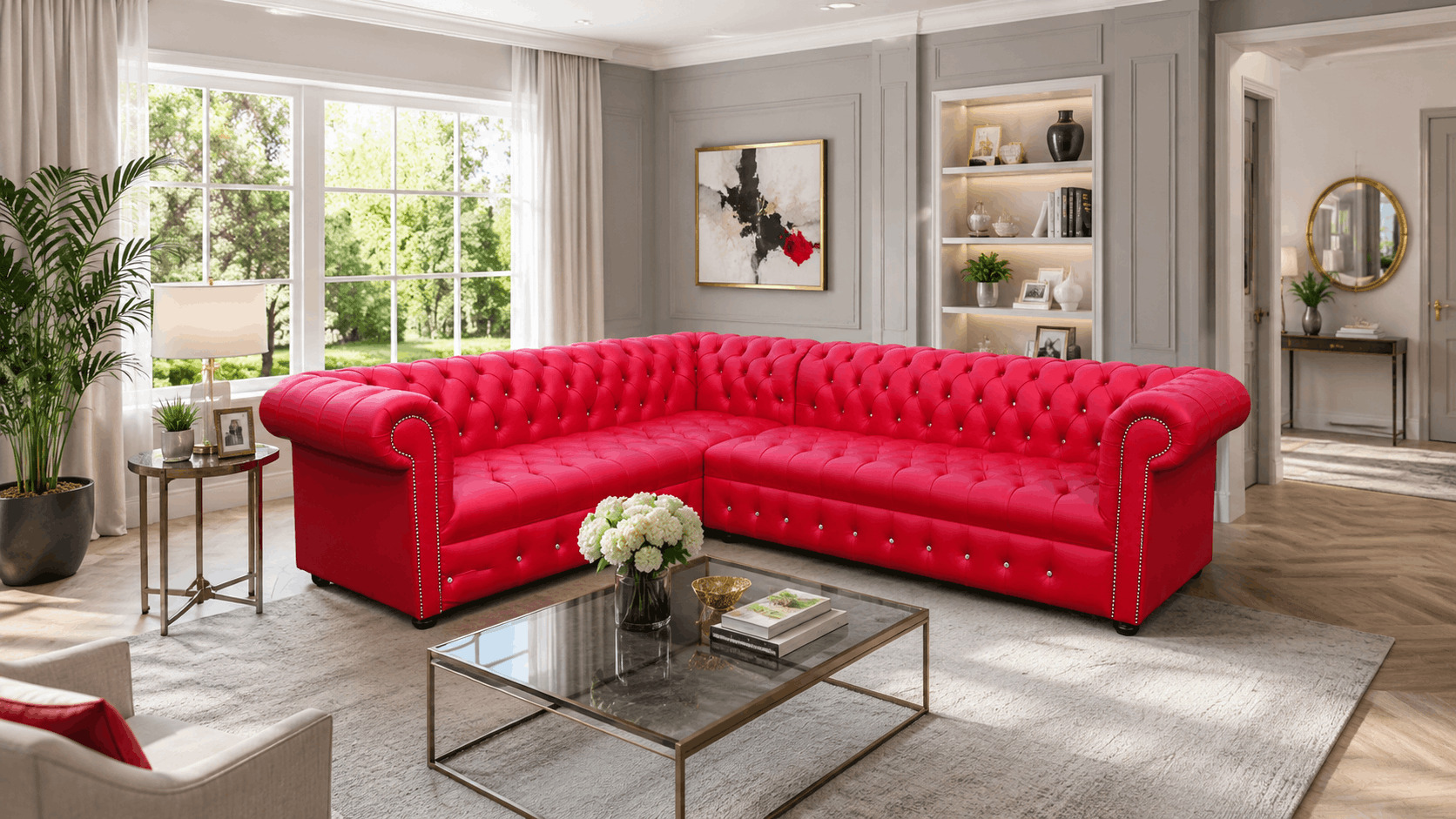 Red leather corner Chesterfield sofa in a spacious living room