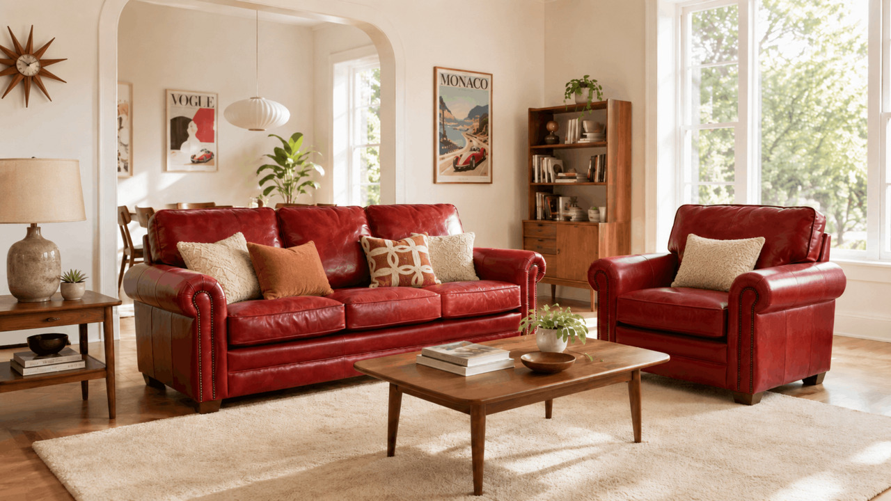Red leather sofa and armchair in a bright retro room