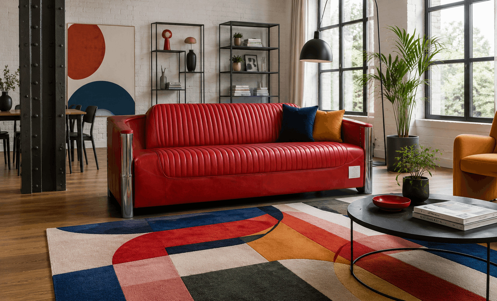 Red leather sofa in a modern loft with a colourful rug