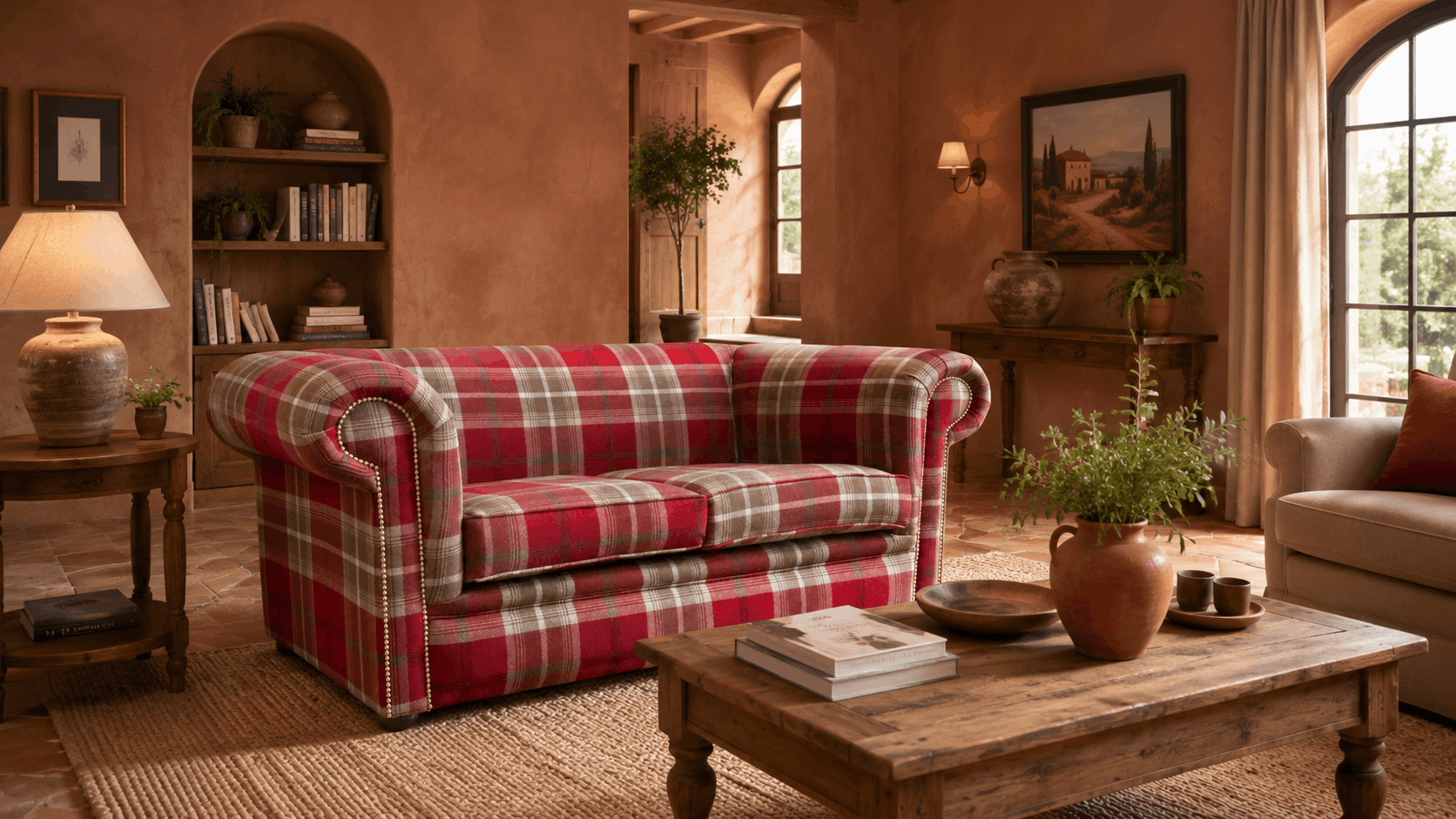 Red tartan fabric Chesterfield sofa in an earthy living room